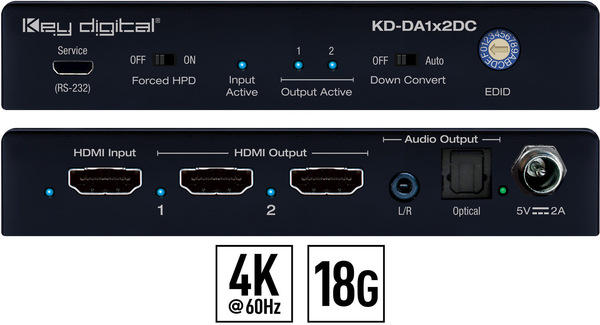 KD-DA1X2DC 1X2 4K 18G HDMI DISTRIBUTION AMPLIFIER WITH AUDIO DE-EMBED, 4K TO 1080P DOWN-CONVERT